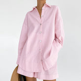 Cotton Linen Pajamas Long Sleeve Loose Shorts Two Piece Suit Outerwear White Homewear